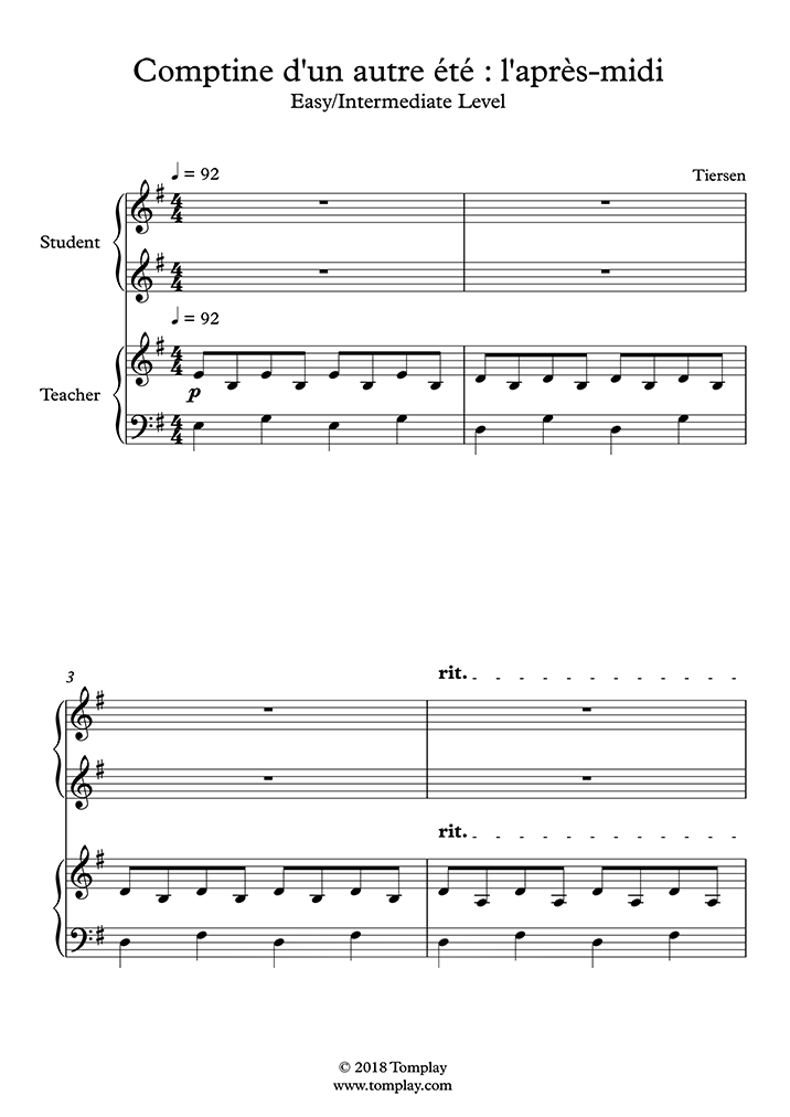 Piano Sheet Music Comptine d'un autre été l'aprèsmidi (Easy